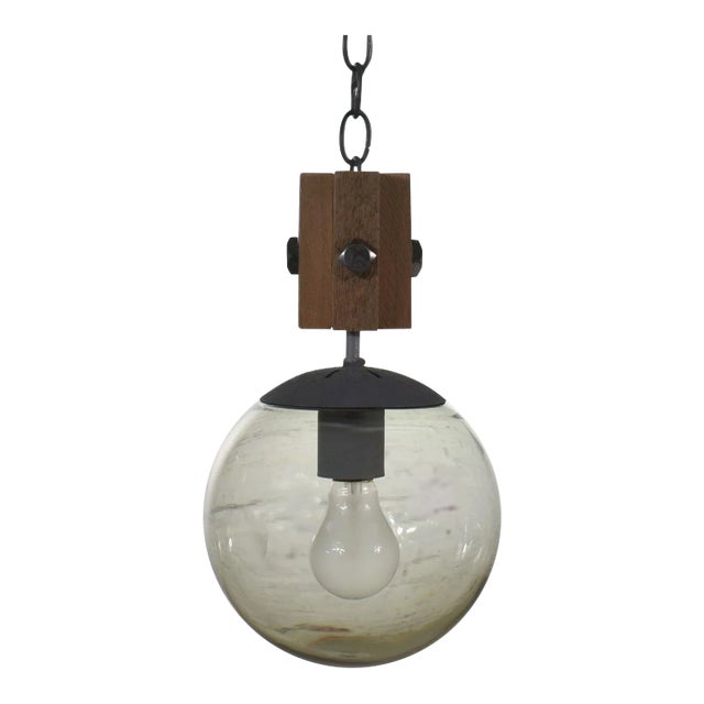 Mid Century Modern Brutalist Pendant Light Wood & Smoked Glass Globe Black Chain N O S For Sale