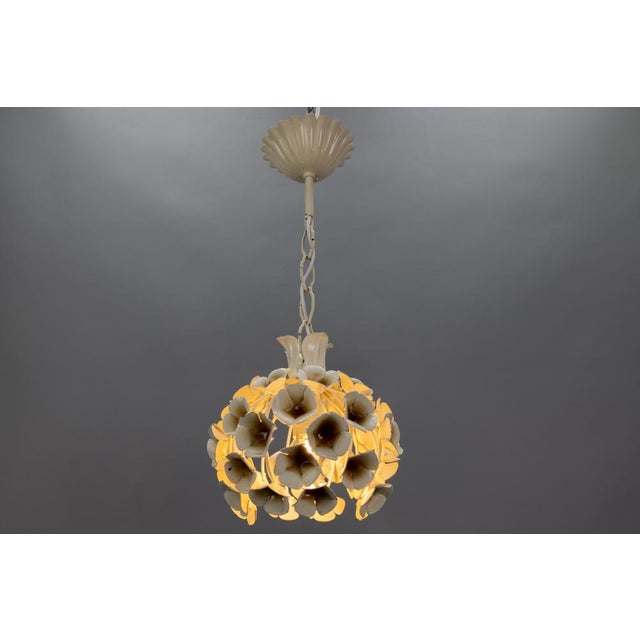 Hollywood Regency French White Flower Metal Pendant Light, 1960s For Sale - Image 6 of 15