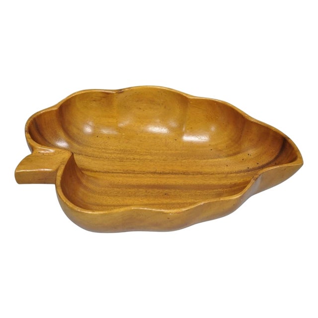 Vintage Mid Century Modern Monkey Pod Carved Koa Wood Banana Leaf 16" Fruit Bowl For Sale