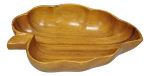 Vintage Mid Century Modern Monkey Pod Carved Koa Wood Banana Leaf 16" Fruit Bowl