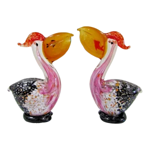 1980s Pair of Vintage Murano Style Art Glass Pelican Figurines With Fish in Mouth