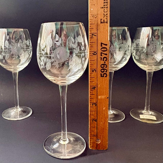 Transparent Vintage Toscany Hand Blown Wine Glasses Set of 5 – Romanian Mid-Century Floral Cut Crystal Stemware - Toy57 Pattern For Sale - Image 8 of 8