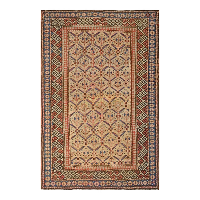 1930s Tan Camel Geometric Tribal Caucasian Shirvan Rug 3' X 4'7" Handknotted Wool Carpet For Sale