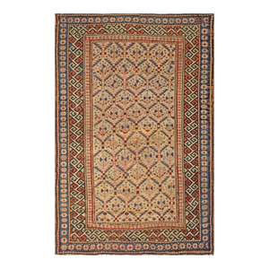 1930s Tan Camel Geometric Tribal Caucasian Shirvan Rug 3' X 4'7" Handknotted Wool Carpet