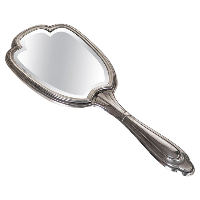 Art Deco Silver Beveled Hand Mirror, France, 1940s For Sale