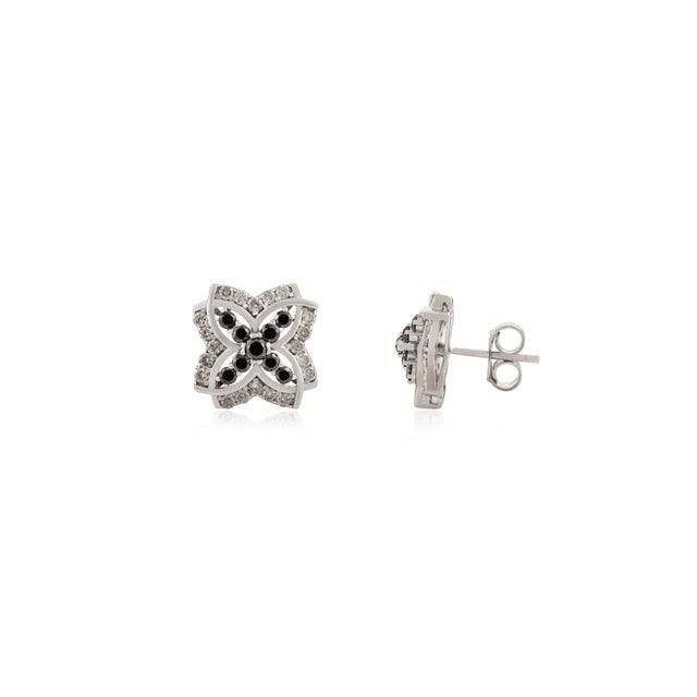 Not Yet Made - Made To Order Timeless Quatrefoil Floral Sterling Silver Stud Earrings With Black Diamond- 2 Pieces For Sale - Image 5 of 10