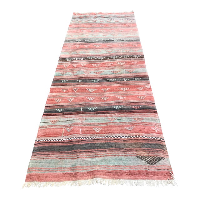 Vintage Striped Woven Anatolian Kilim Runner 3′1″ × 8′1″Muted ColorsPink RugBoho Chic Long