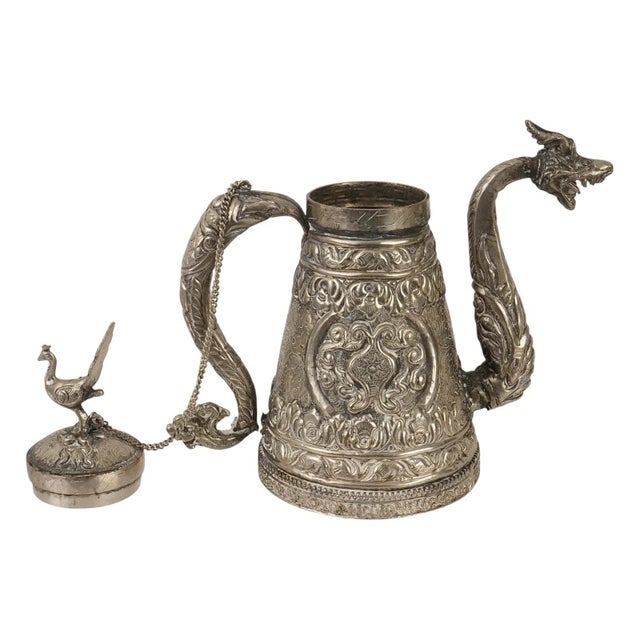 Tibetan Asian Indian Repousse Chased Silver Alloy Ewer Teapot For Sale - Image 4 of 8