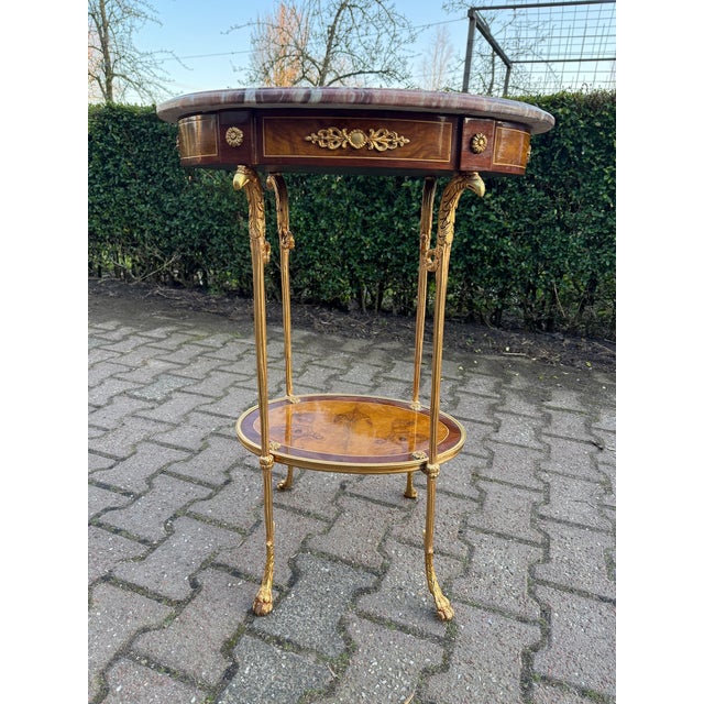1980 French Louis XVI Gold Mahogany Marble Side Tables 2pc For Sale - Image 16 of 17