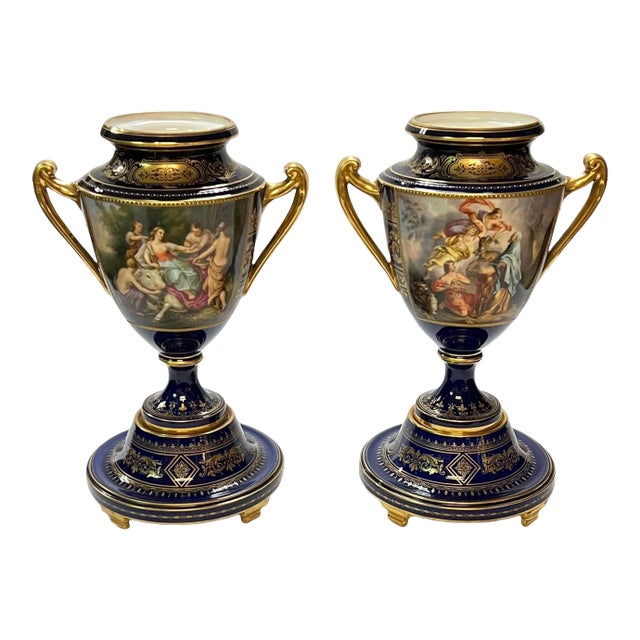 Large 19th Century Royal Vienna Porcelain Handled Vases - A Pair For Sale