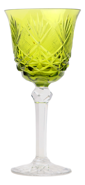 Vintage Bohemian Lime Peridot Cut to Clear Wine Water Goblet, 1950s, Set of 10