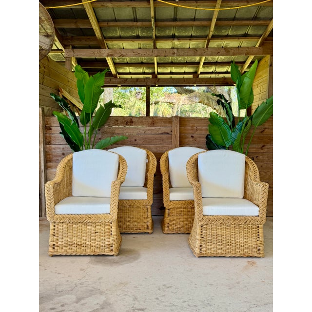 Pair of Vintage Michael Taylor Style Braided Rattan Wicker Lounge Side Armchairs For Sale - Image 11 of 12