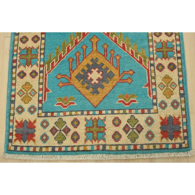 Kazak Runner 2’2” X 6′ Blue Wool Tribal Hand-Knotted Oriental Rug For Sale - Image 9 of 12