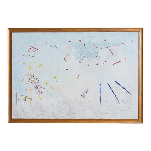 French Abstract Expressionist Acrylic Painting in Giltwood Frame, 1982 For Sale