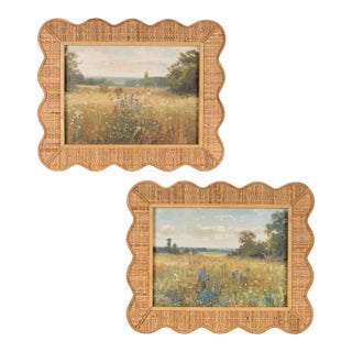Scalloped Bamboo Framed Landscape Print (Set of 2) For Sale