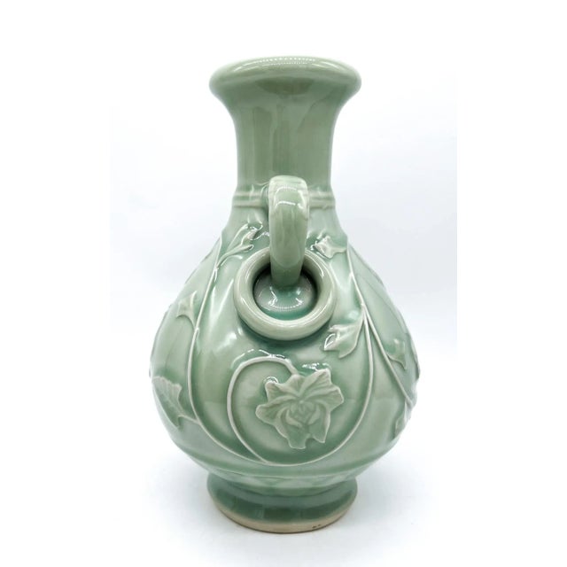Mid-Century Chinese Celadon Vase With Floral Relief & Dual Handles – Asian Revival / Chinoiserie / Traditional Elegance For Sale - Image 11 of 12
