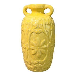 Late 20th Century Essential Decor & Beond Caly Embossed Floral Crackled Pottery Sunshine Yellow Vase For Sale
