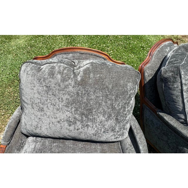 Mid 20th Century Classic French Carved Walnut Bergere Club Chairs For Sale - Image 10 of 11
