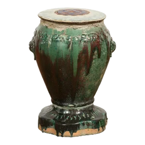 Antique Annamese Green & Brown Glazed Ceramic Garden Seat on Shaped Base