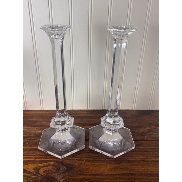 Glass Val Saint-Lambert Signed Belgian Crystal Candlesticks, Pair, 11" Tall, Late 20th Century For Sale - Image 7 of 8