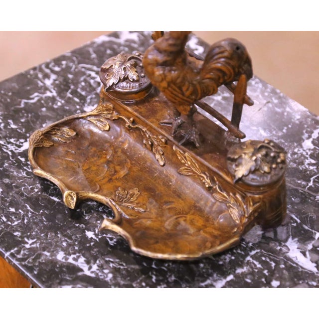 French 19th Century French Patinated and Gilt Spelter Rooster Inkwell Desk Set For Sale - Image 3 of 10