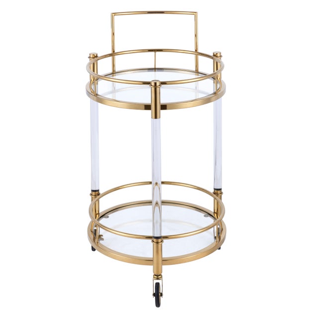 Modern Pasargad Home Crystallin 2-Tier Bar Cart With Gold Accents & Wheels For Sale - Image 3 of 8