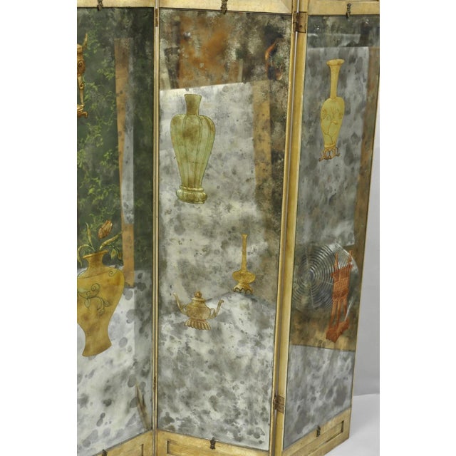 Gold Antique Chinoiserie Oriental Eglomise Antiqued Mirror Glass 3 Panel Room Screen For Sale - Image 8 of 18