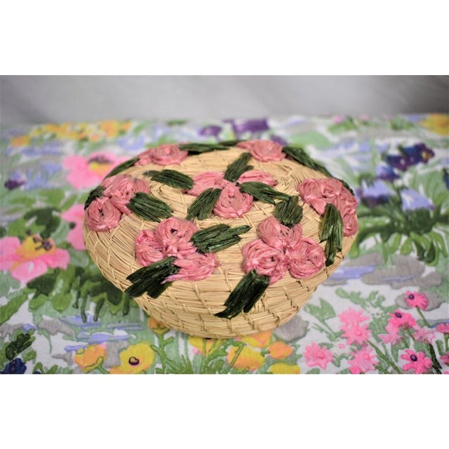 Shabby Chic 1970s Floral Raffia Lidded Basket For Sale - Image 3 of 4