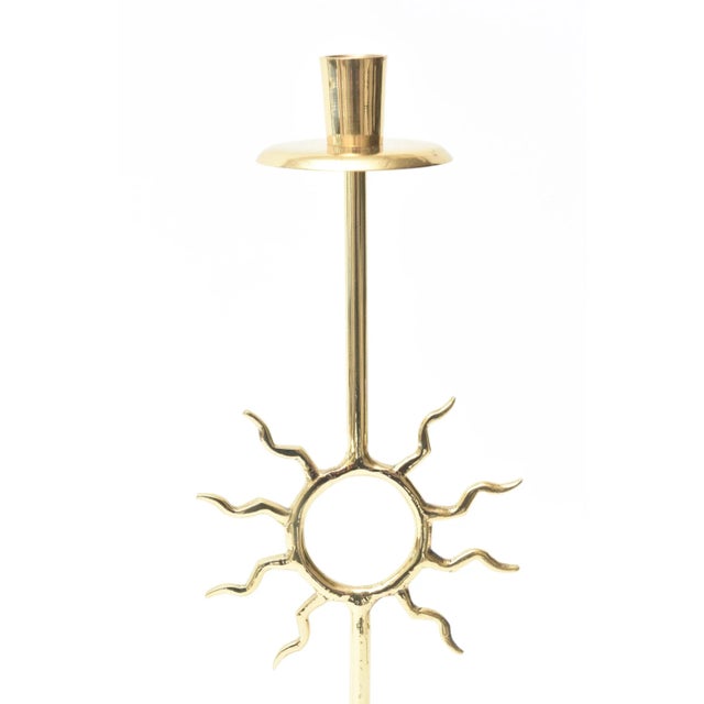 Mid-Century Modern Vintage Fornasetti Style Sun Motif Polished Brass Candlesticks, 1970's For Sale - Image 3 of 11