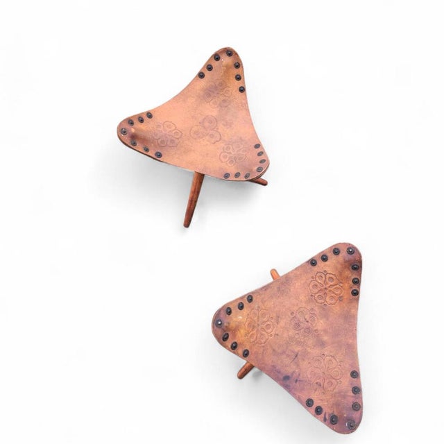 Vintage Tooled Leather Tripod Chairs, Set of 2 For Sale - Image 3 of 18