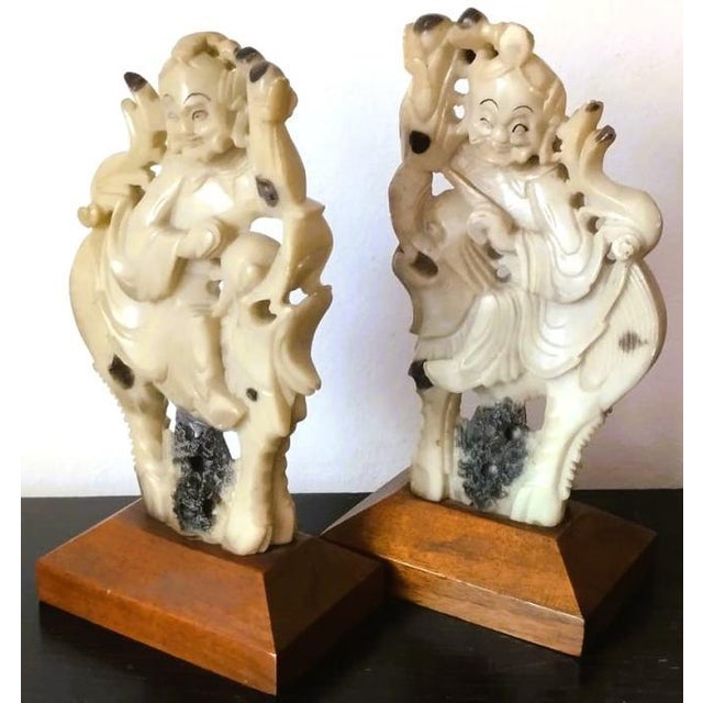 Art Deco Pair of 19th Century Carved Stone Qilin Rider Sculptures on Wooden Bases. For Sale - Image 3 of 7