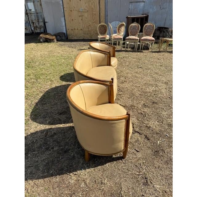 1940s French Art Deco Leather Solid Mahogany Barrel Back Club Chairs and Settees - A Set of 3 Piece For Sale - Image 12 of 17