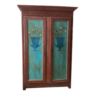 Pennsylvania Dutch Oversized Armoire With Blue Floral Vase Details For Sale