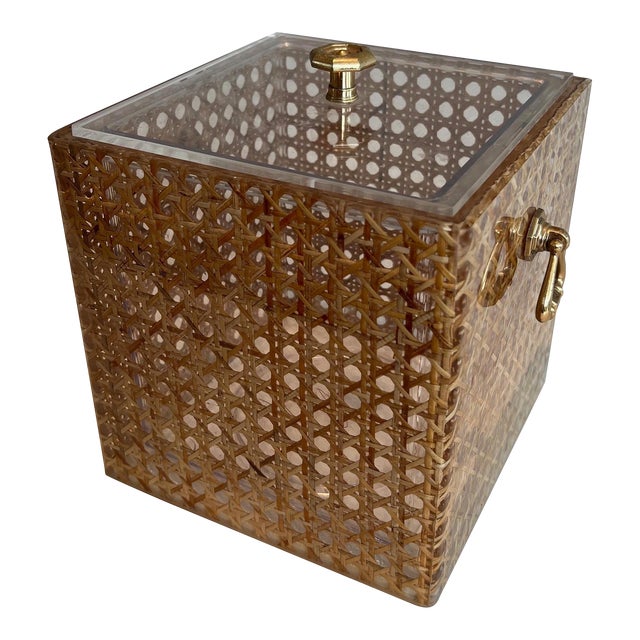 Ice Bucket in Lucite, Cane and Brass. Italian Work in the Style of Christian Dior For Sale