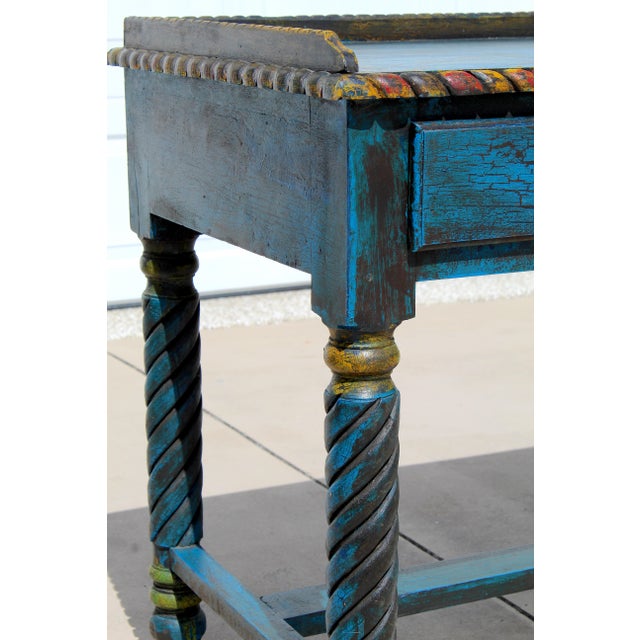 Late 20th Century Spanish Revival Console Table | Hand-Painted Distressed Blue Accent Table | Barley Twist Legs | Two Drawer Sofa Table For Sale - Image 12 of 16