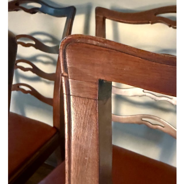 Early 20th Century Set of 10 Chippendale Style Ribbon Back Dining Chairs With New Leather Seats For Sale - Image 9 of 11