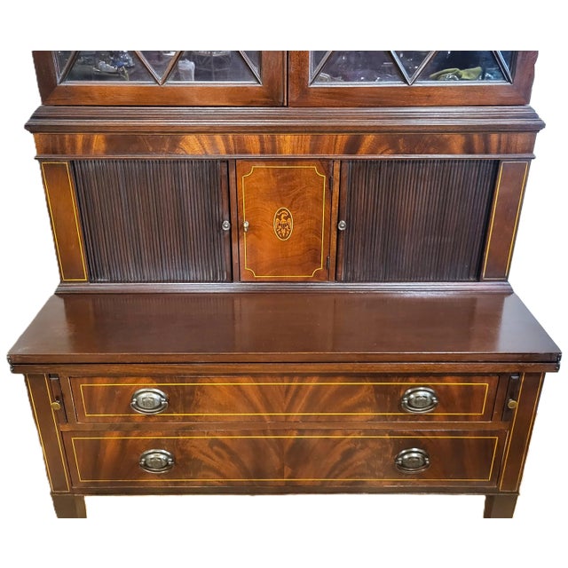 Antique 20th C American Hepplewhite Mahogany Tambour Door Secretary Desk Vitrine For Sale - Image 13 of 18
