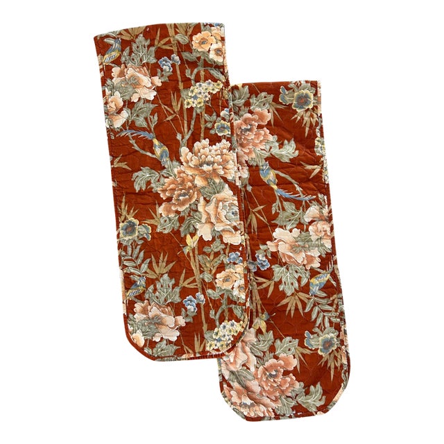 Pair of Vintage 1970s Quilted Chinoiserie Floral Table Runners For Sale