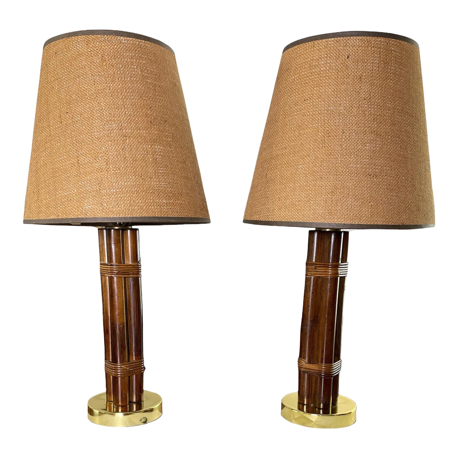 1970s Rattan and Brass Table Lamps With Burlap Shades - a Pair | Chairish