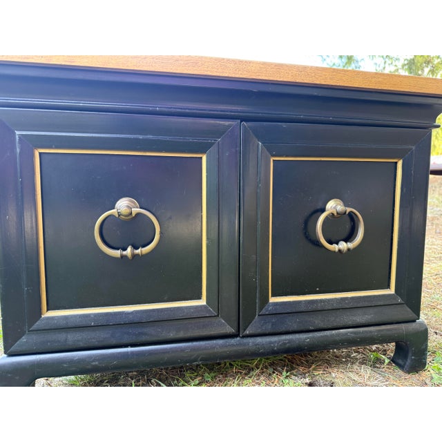Mid-Century Modern 1970s Classic MCM Black and Gold Two Door Accent Cabinet With Brass Ring Pulls For Sale - Image 3 of 8