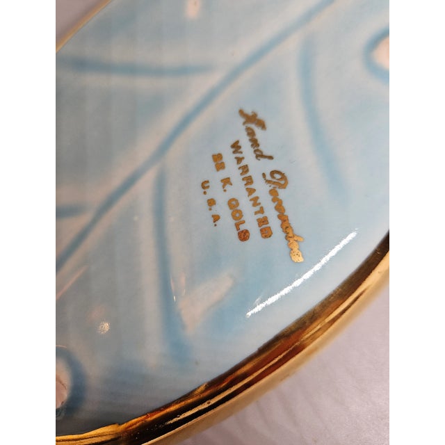1960s 1960’s Vintage Iridescent Turquoise and Gold Leaf Shaped Trinket Dish or Candy Bowl For Sale - Image 5 of 5