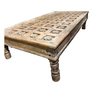 Antique Brown Lotus Carved Coffee Table – Handcrafted Rustic Statement Center Table 74 For Sale