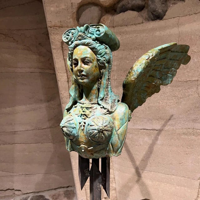 Mid-Century Modern Greek Sphinx Verdigris Sculpture Female Bronze and Forged Steel For Sale - Image 3 of 11