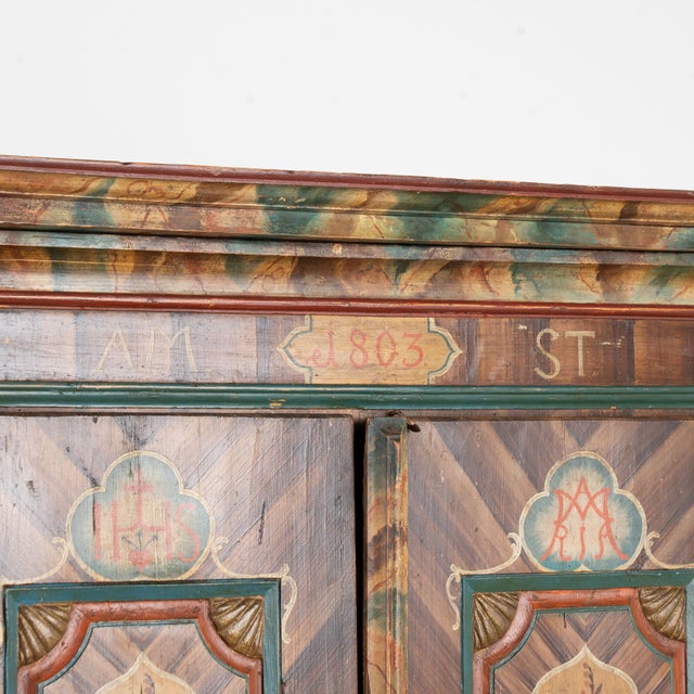 Early 19th Century 1803 Hungarian Original Hand-Painted Pine Two-Door Armoire For Sale - Image 5 of 14