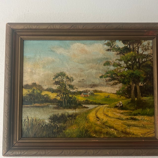Oil on board by European artist framed signed depicting bucolic landscape