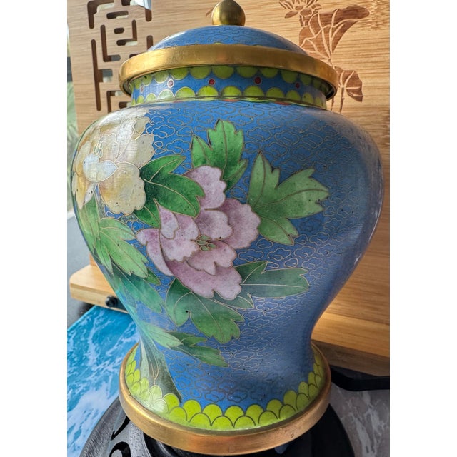 This vibrant 1980s Chinese cloisonné ginger jar is a classic example of traditional "Chinoiserie" decor. Handcrafted using...