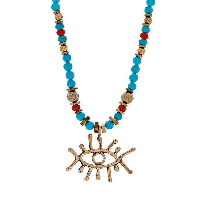 Guardian Evil Eye Pendant Turquoise Stone Beaded Necklace For Sale - Image 11 of 11