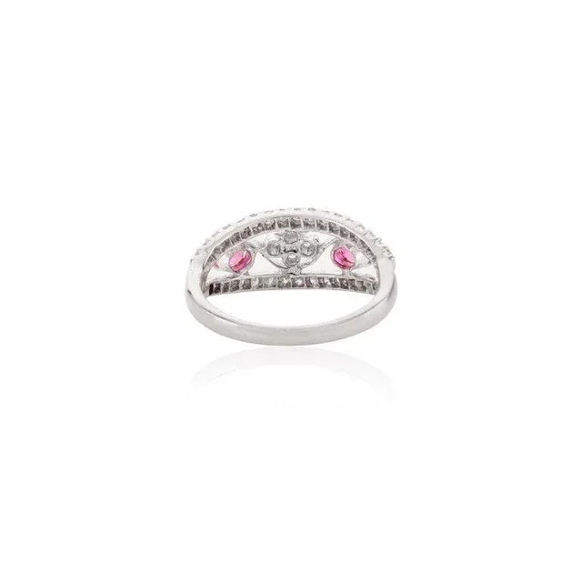Metal Designer Pink Sapphire Diamond Flower Wedding Ring for Women in 14k White Gold Size 7 For Sale - Image 7 of 9