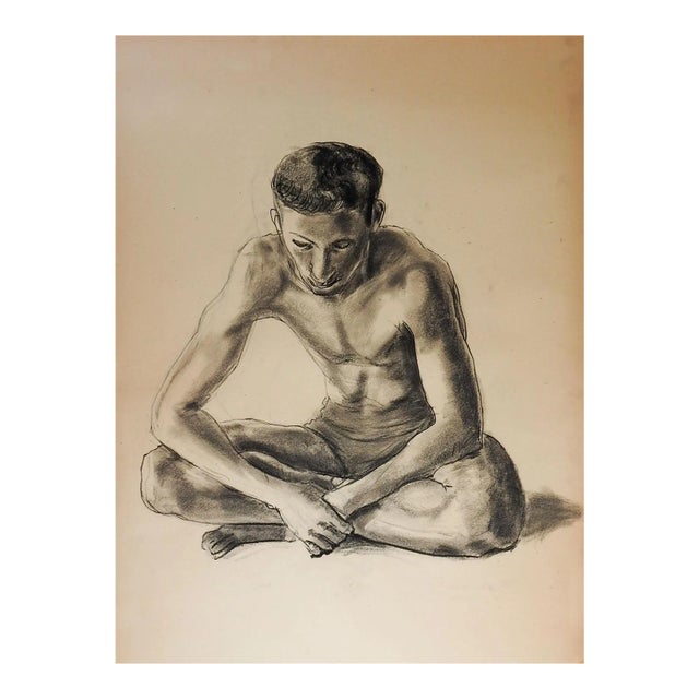 Vintage 1950s Charcoal Seated Male Figure Drawing For Sale