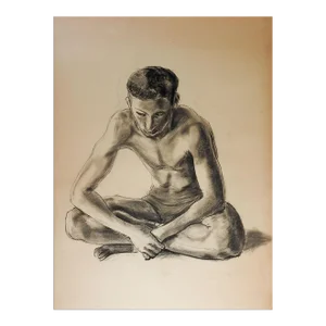 Vintage 1950s Charcoal Seated Male Figure Drawing